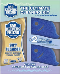 Bar Keepers Friend Ultimate Cleaning Kit | Soft Cleanser Liquid (26 OZ) & Two DishFish Scrubbers | Multipurpose, Stainless Steel, Rust, Soft Cleaner with Heavy Duty Non Scratch DishFish Scrubbers