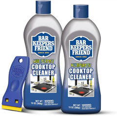 Bar Keepers Friend Cooktop Cleaner (2 x13 oz) + Scraper - Multipurpose Liquid Stovetop Cleanser, Safe for Use on Glass & Ceramic Cooking Surfaces, Copper, Brass, Chrome, Stainless Steel & Porcelain