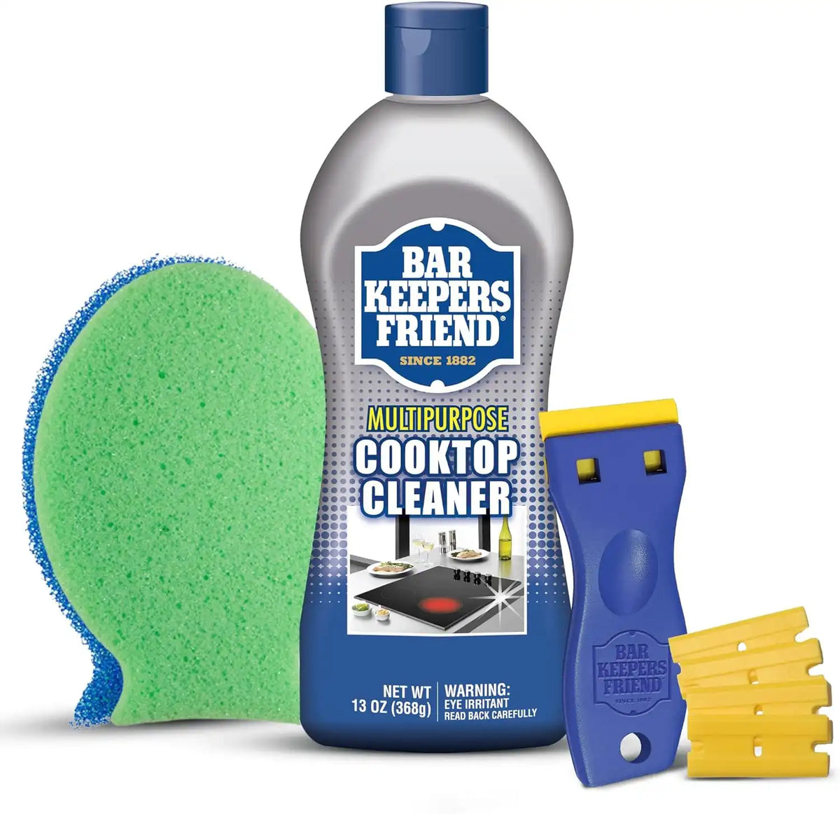Bar Keepers Friend Cooktop Cleaner + Scraper + Dish Fish - Multipurpose Liquid Stovetop Cleanser, Safe for Use on Glass or Ceramic Cooking Surfaces, Copper, Brass, Chrome, Stainless Steel & Porcelain
