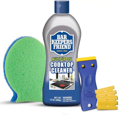 Bar Keepers Friend Cooktop Cleaner + Scraper + Dish Fish - Multipurpose Liquid Stovetop Cleanser, Safe for Use on Glass or Ceramic Cooking Surfaces, Copper, Brass, Chrome, Stainless Steel & Porcelain